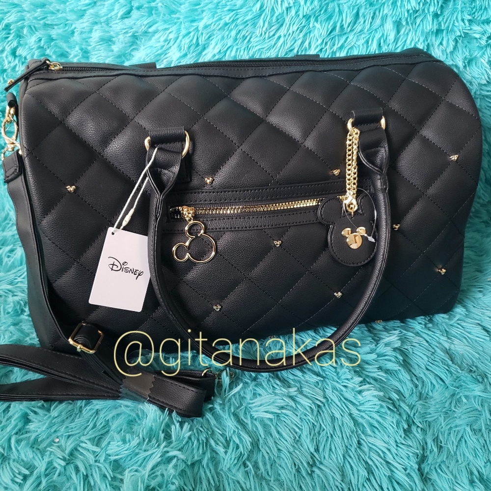 Disney Black Quilted Mickey Duffle Bag with Gold Accents
